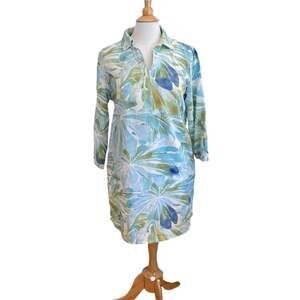 Dash Linen Blend Blue Green Floral Dress, Roll Tab Sleeves, Pockets, Resort, M
